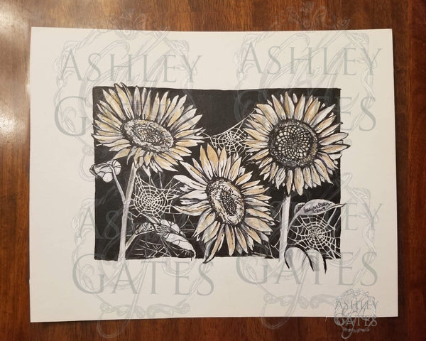 Sunflowers and Spiderwebs Ink Art